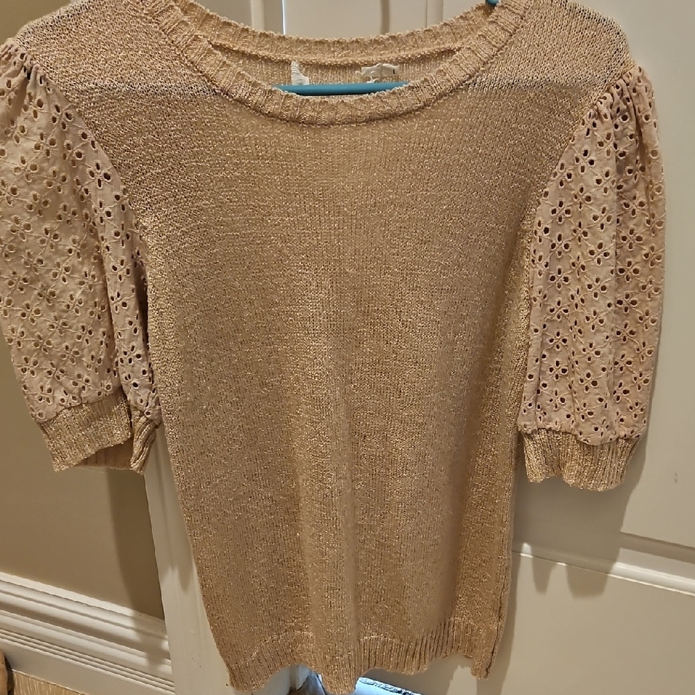 Chic light blush Knit Top with Eyelet Sleeves